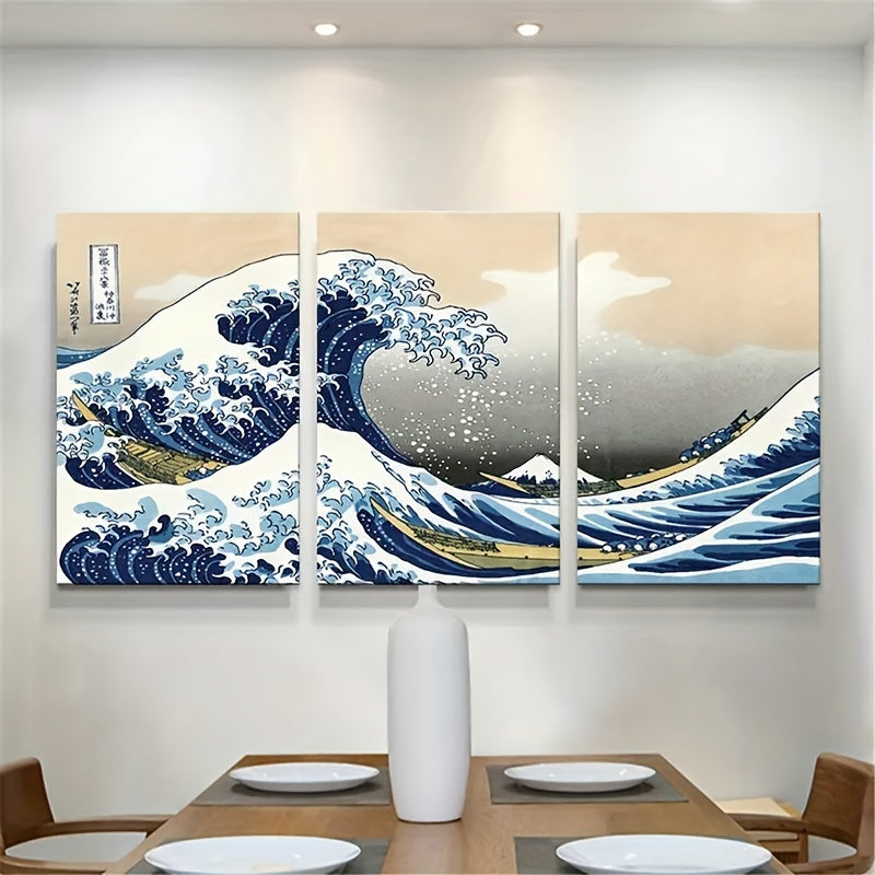 Set of 3 Japanese-Style Canvas Wall Art Posters Waves of Kanagawa Landscape Decor for Living Room Bedroom Office