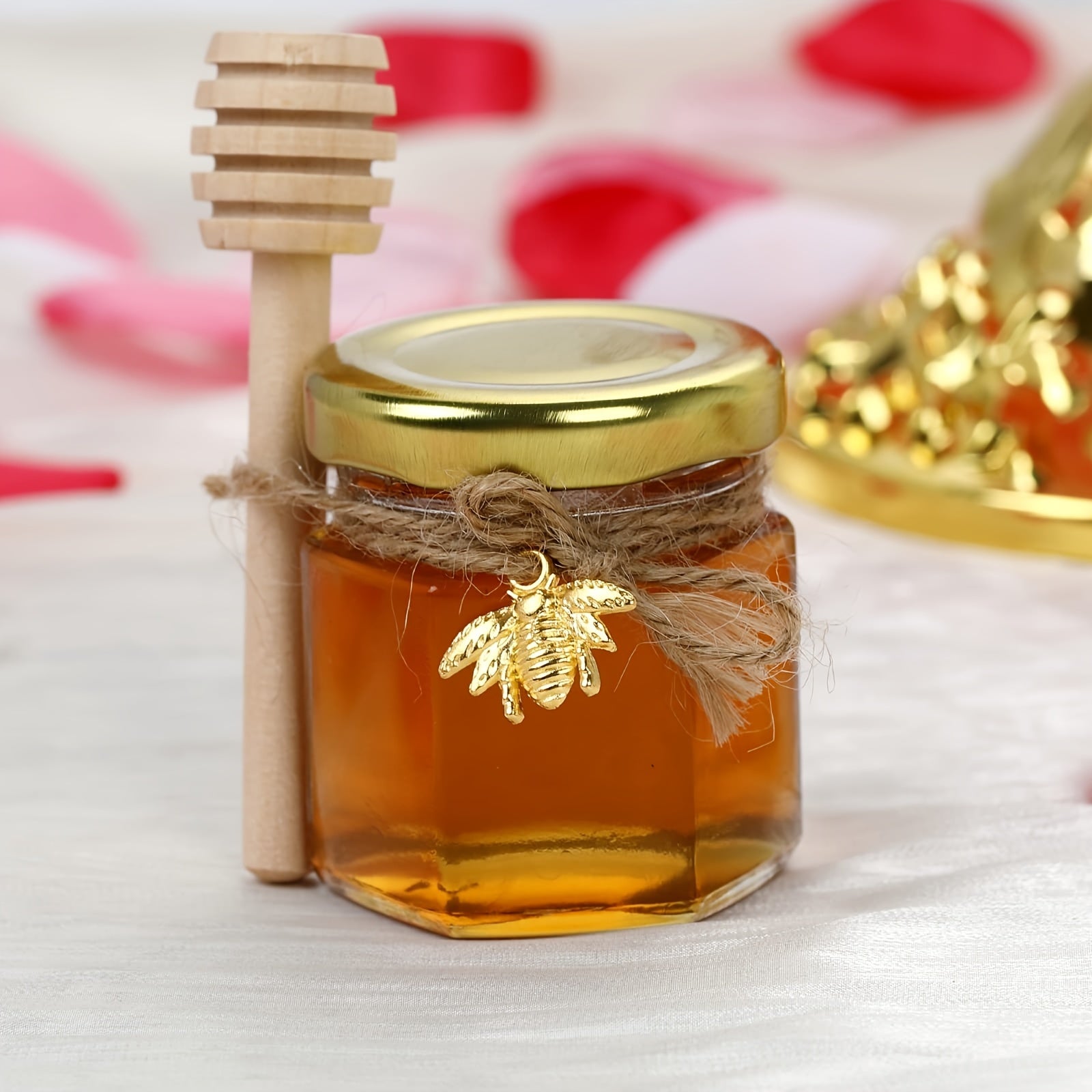 Mini Hexagon Glass Honey Jars 1.5 oz with Wood Dipper and Golden Lid for Jam Candies Favors