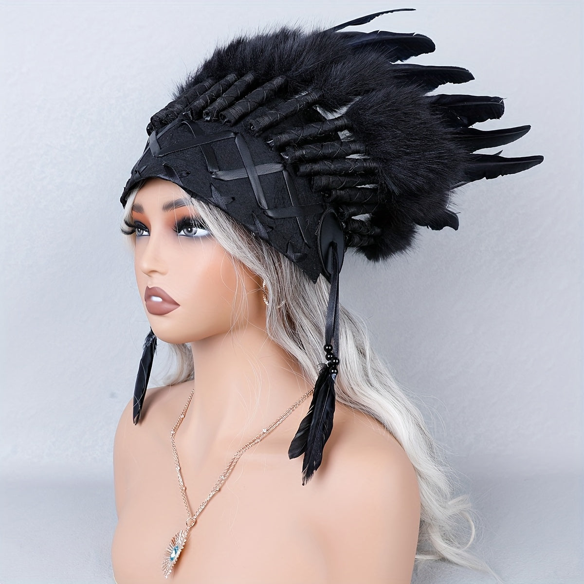 Sombrero indio de plumas negras falsas con diseño inspirado en lo vintage para Halloween y carnaval