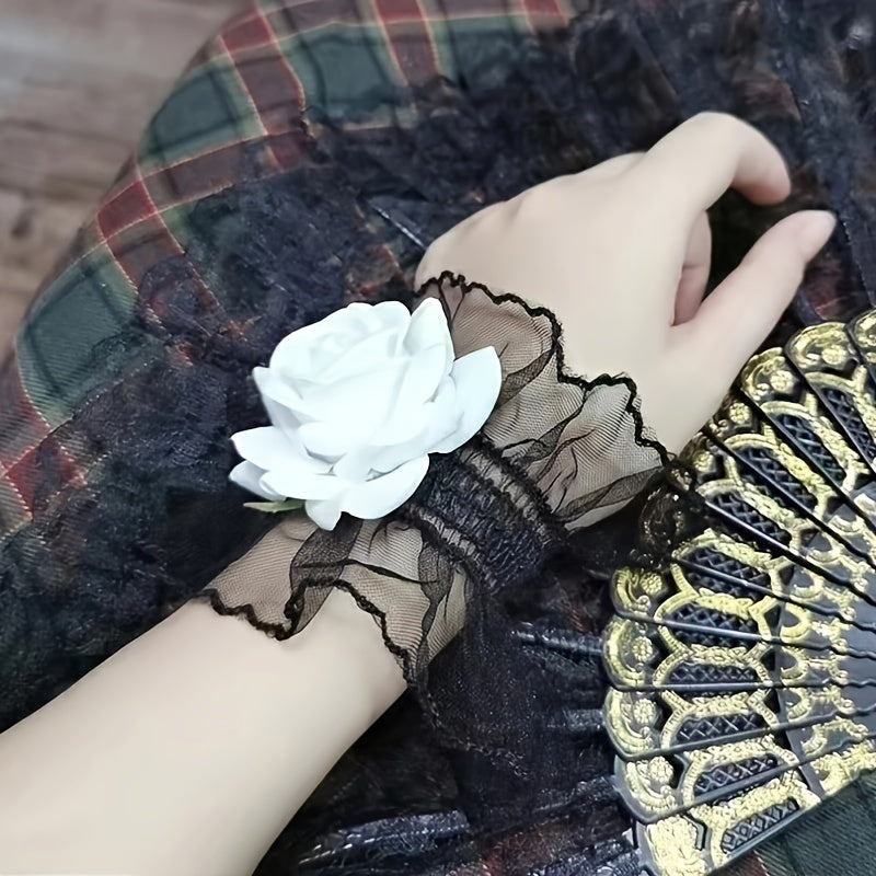 Women’s Lace Wrist Cover Sleeve in Wine Red with Rose Flower Design