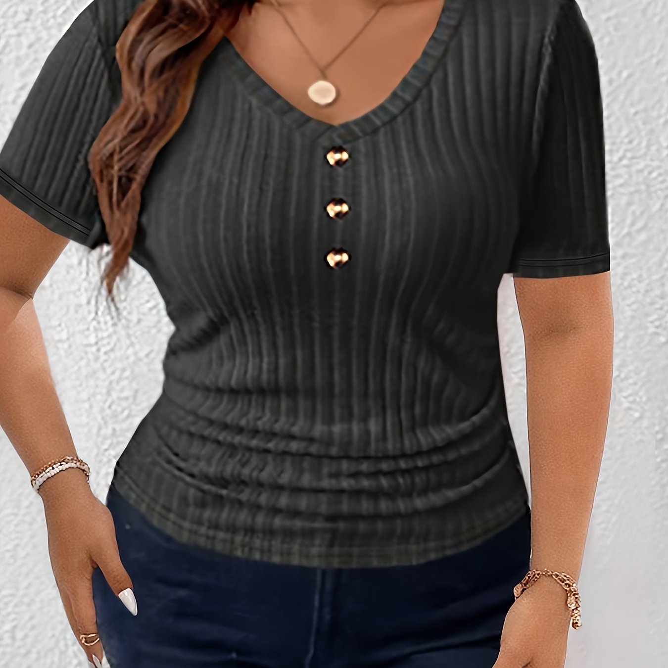 Women's Short Sleeve V-Neck T-Shirt with Gold Button Front Solid Color