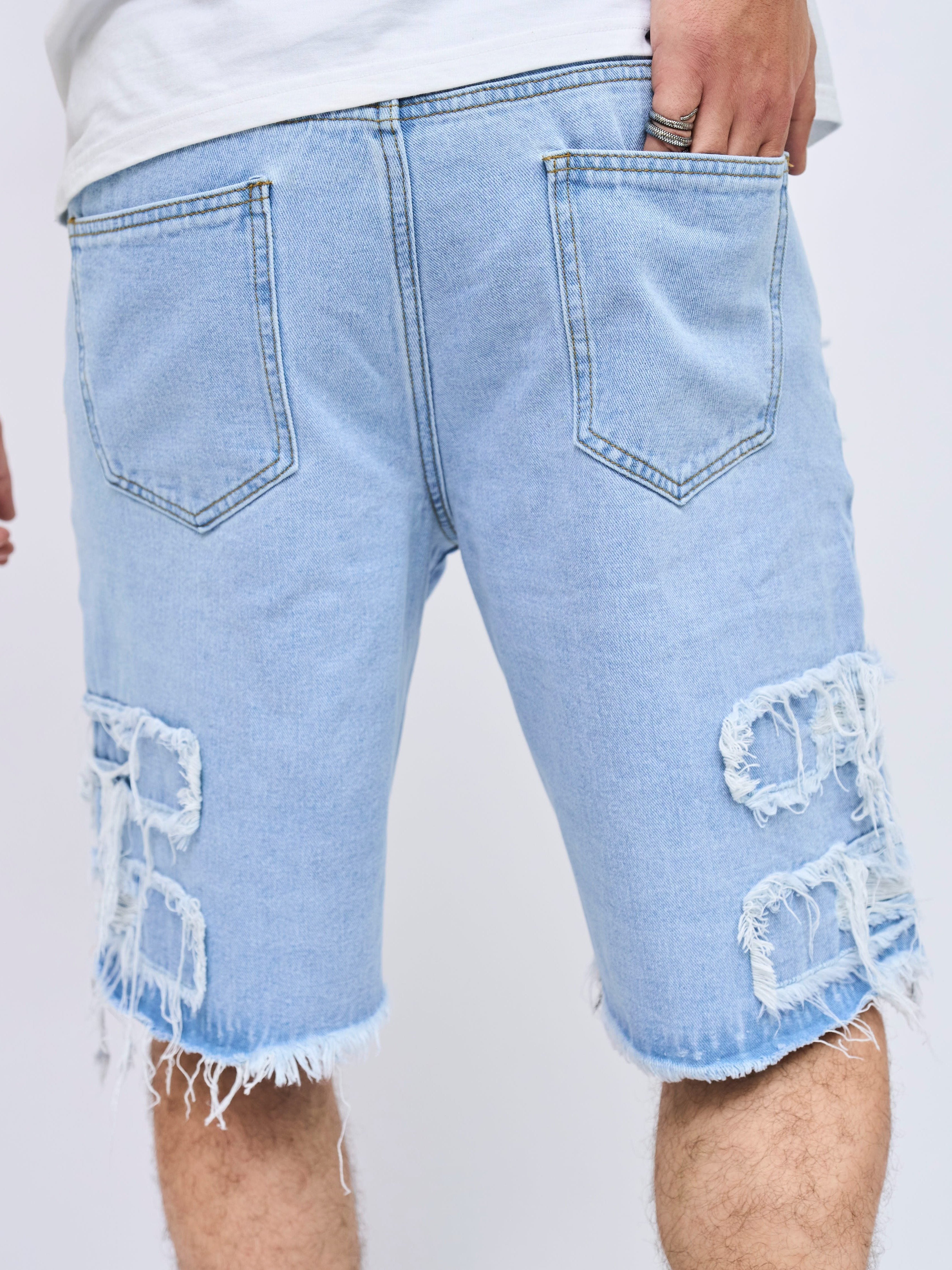 Men's Plus Size Distressed Denim Shorts with Pockets and Frayed Hem