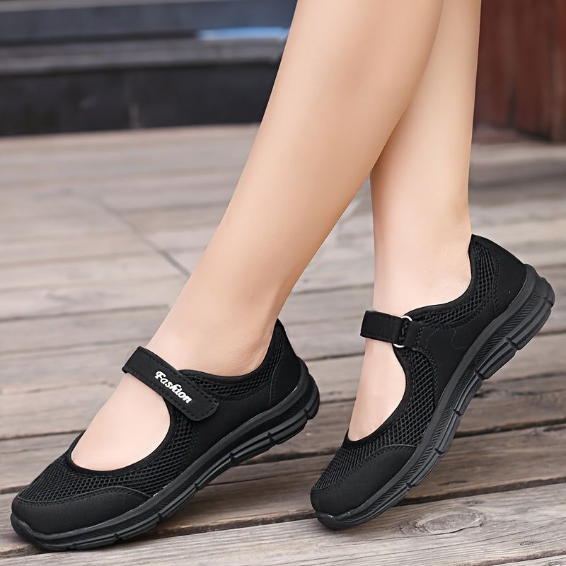 Women's Breathable Mesh Casual Flats - Lightweight Mary Janes with Ankle Strap