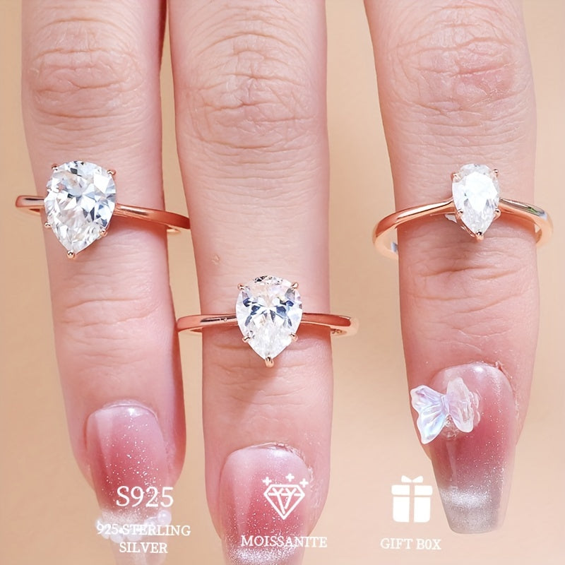 Hypoallergenic Moissanite Engagement Ring Sterling Silver Pear-Shaped 3ct 2ct 1ct