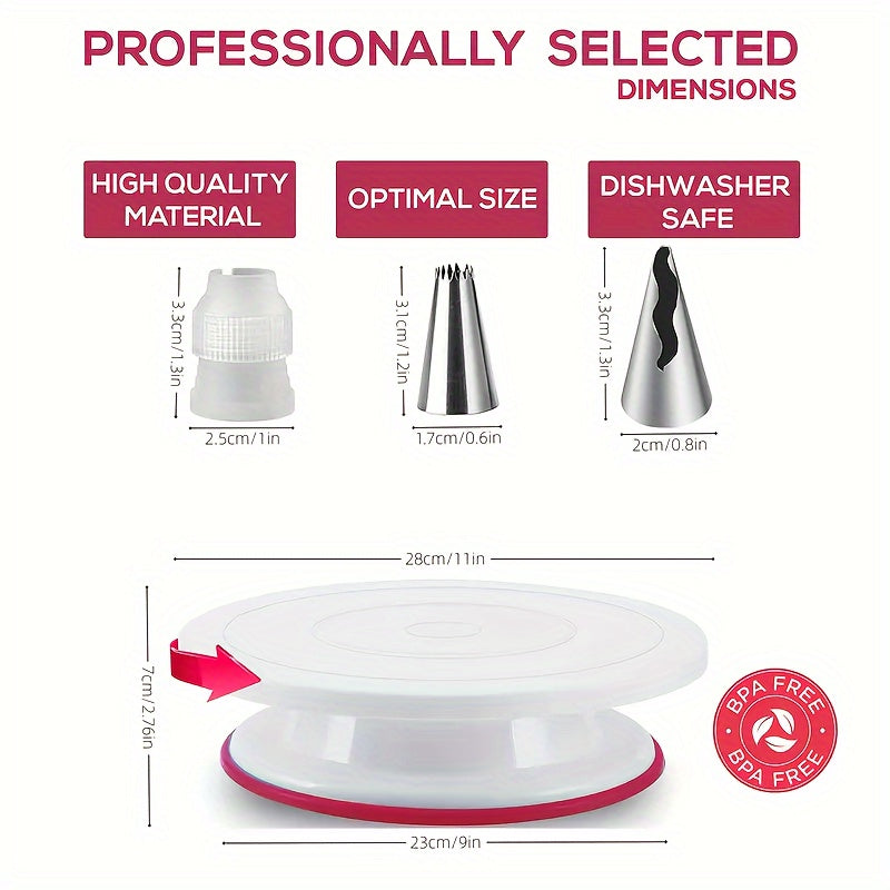 Deluxe Cake Decorating Kit with 200 Pieces Pink Turntable Silicone Piping Tips Reusable Bags