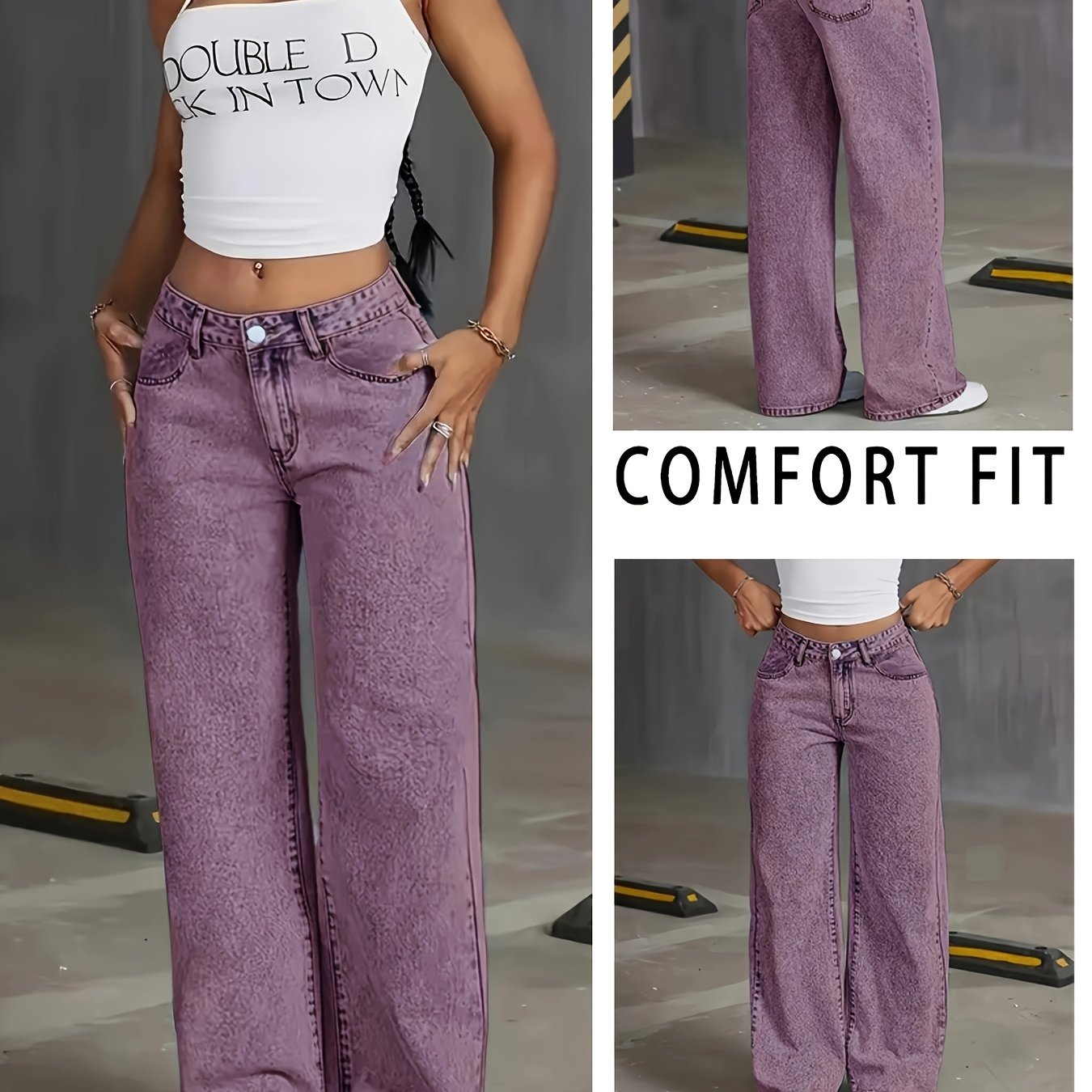 Jeans de mezclilla elástica de talla grande para mujer, de tiro alto y pierna recta, color morado
