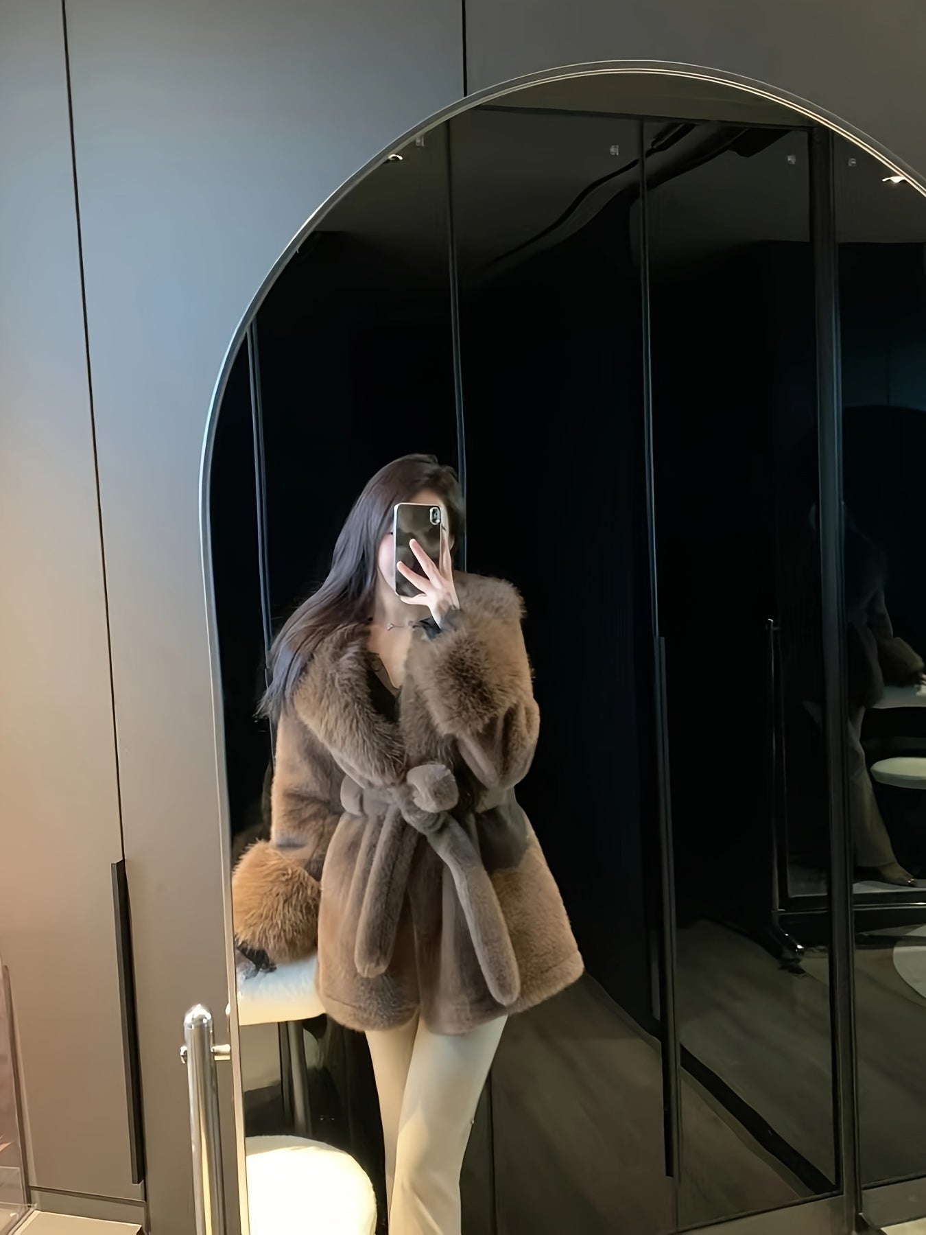 Women's Faux Fur Hooded Coat with Belt Long Sleeve Mid-Length Winter Chic