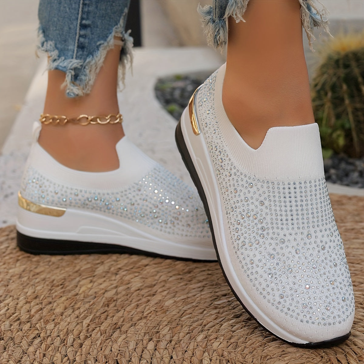 Women's Rhinestone Decor Platform Sneakers Casual Slip-On Outdoor Shoes
