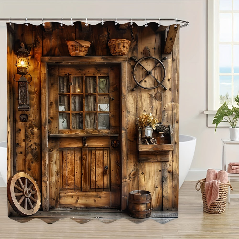 Farmhouse Style Shower Curtain Woven Polyester Vintage Wooden Wheel Lantern Design Includes Hooks