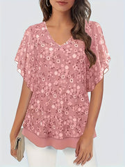 Women's Plus Size Floral V-Neck Short Sleeve Blouse Lightweight Spring Top