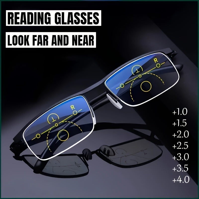 Unisex Progressive Multi-Focus Reading Glasses Rectangular Metal Frame in 3 Colors