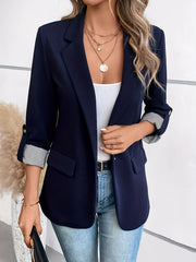 Women's Blazer with Lapel Collar and Roll-Up Sleeves for Spring and Fall