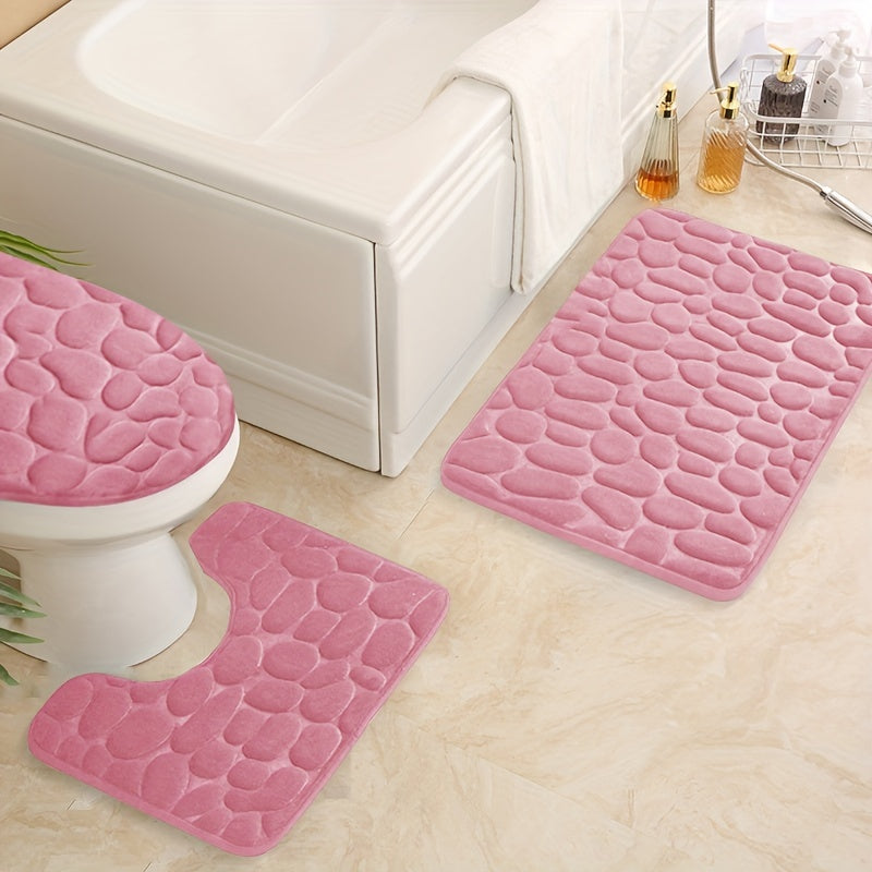 Set of 3 Memory Foam Bathroom Rugs Non-Slip Absorbent Cobblestone Design