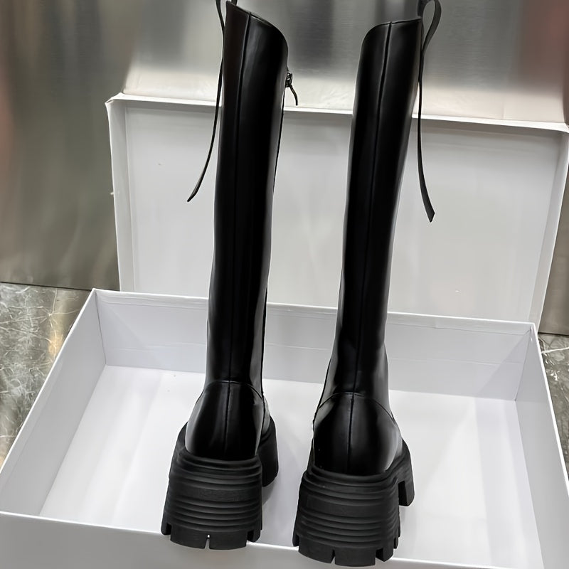Women's Leather Chunky Heel Boots Black Side Zipper Slip-Resistant