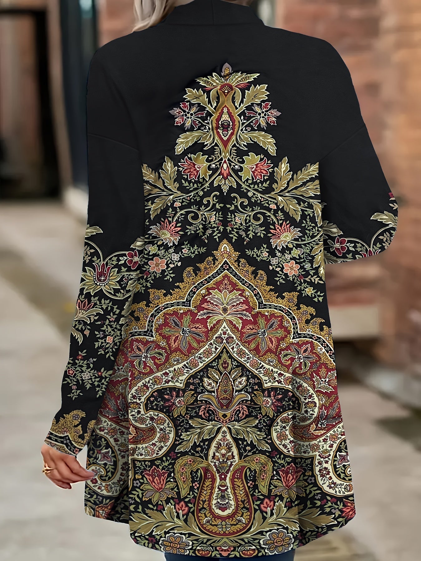 Plus Size Ethnic Floral Print Open Front Long Sleeve Top for Spring Fall Women