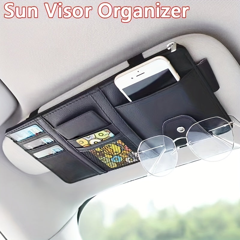 Organizador de parasol para coche con portatarjetas y clip para gafas en cuero sintético