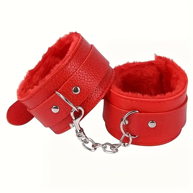 Adult Unisex PVC Leather Plush Handcuffs Adjustable Chain Restraint