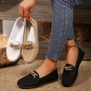 Women's White Faux Cover Loafers with Gold Chain Slip-On Flats