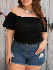 Plus o'lcham ayollar uchun off shoulder teksturali bluz bahorgi lettuce qirqimi