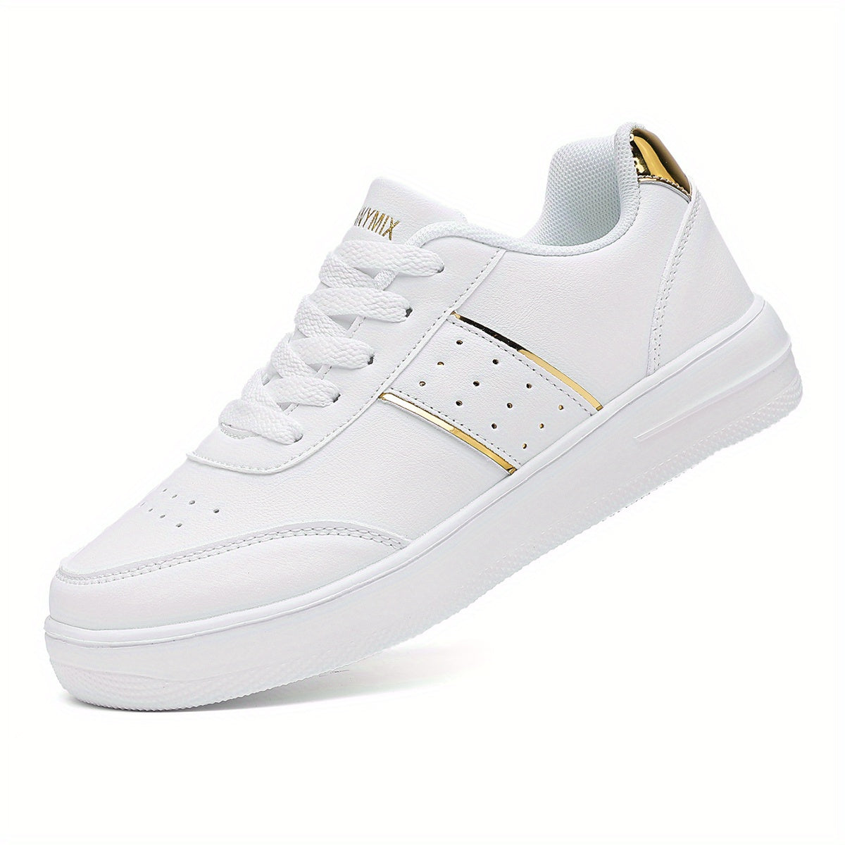 Women’s Casual Running Shoes, Low Top Sneakers, White with Gold Accents