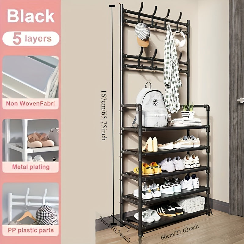 Iron Storage Organizer with 8 Dual Hooks Shoe Rack Coat Hanger for Living Room Bathroom Hallway