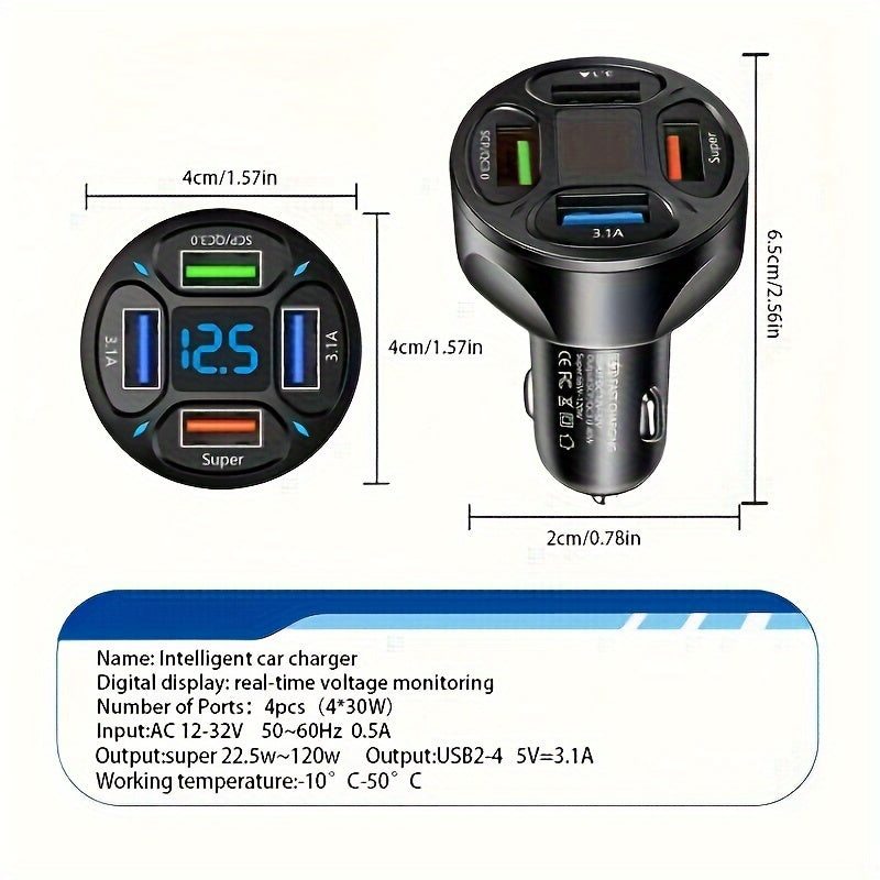 Car Charger Fast Charging 4 USB Digital Display 120W Phone Adapter