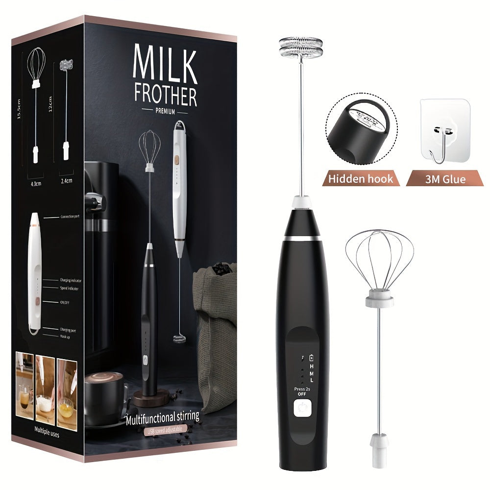 Electric Milk Frother Handheld with 3-Speed Adjustable USB Rechargeable and Stainless Steel Whisks