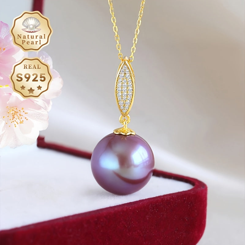 Purple Freshwater Pearl Pendant Necklace 13-14mm S925 Silver Gift Box