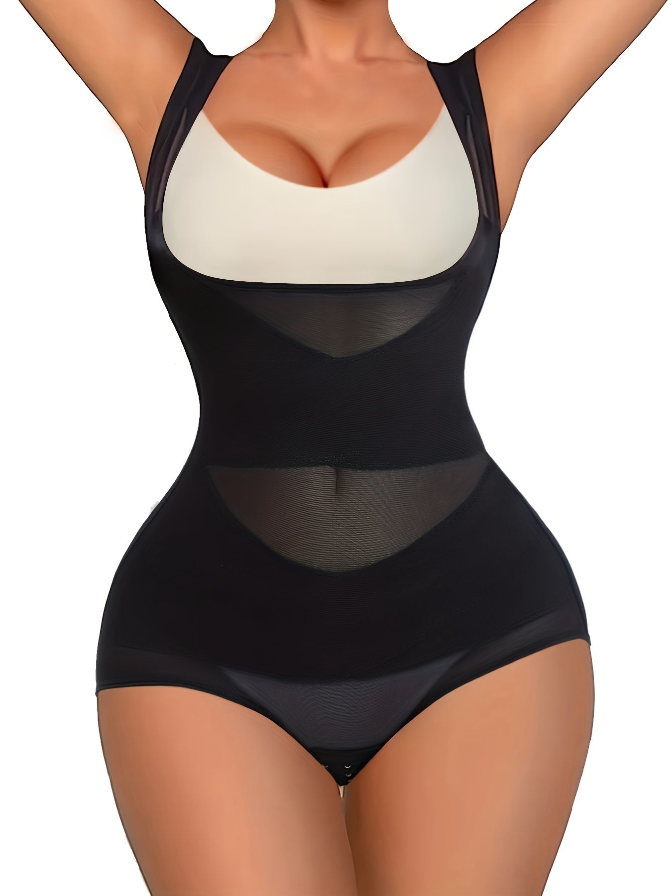 Qorin nazorati va butni ko'tarish bilan kontrast to'rali shakllantiruvchi bodysuit, ayollar uchun ochiq ko'krakli tana shakllantiruvchi.