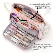 Girls Pink and White Checkered Three-Layer Pencil Case Made of Durable Twill Fabric