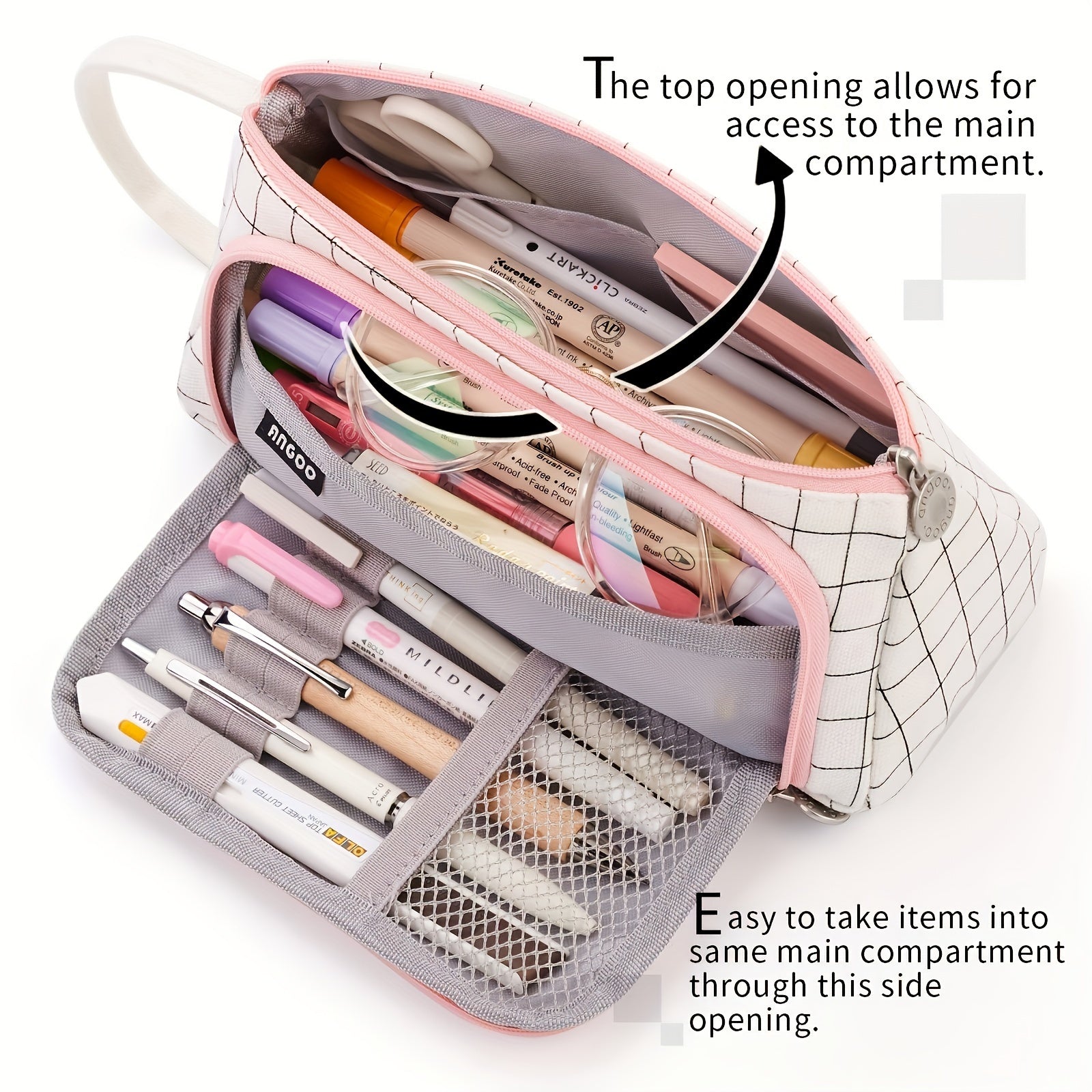 Girls Pink and White Checkered Three-Layer Pencil Case Made of Durable Twill Fabric