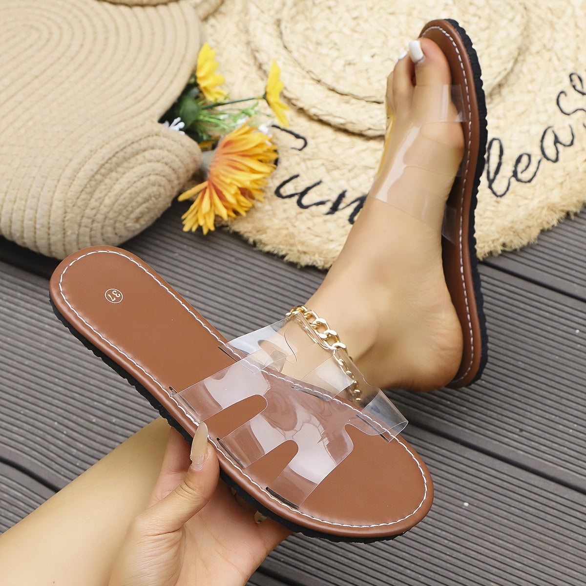 Women's Transparent Strap Brown Flat Sandals Casual Open-Toe Shoes for Summer