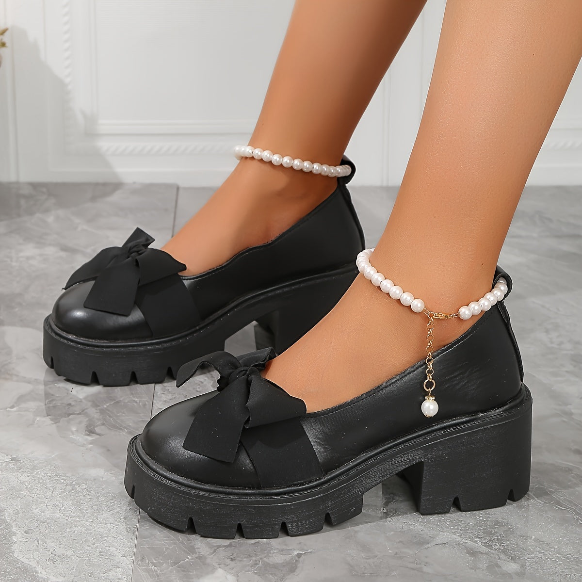 Women's Faux Pearl Bow Decor Loafers with Chunky Heels and Platform