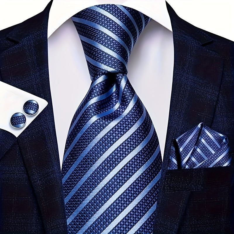Men's Classic Striped Necktie Set with Handkerchief and Cufflinks for Business Parties