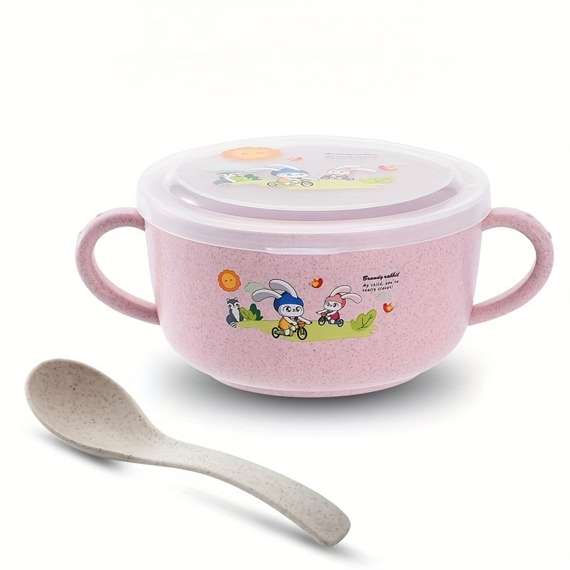 Kids Insulated Cartoon Bowl with Cutlery and Lid for Snacks and Fruits