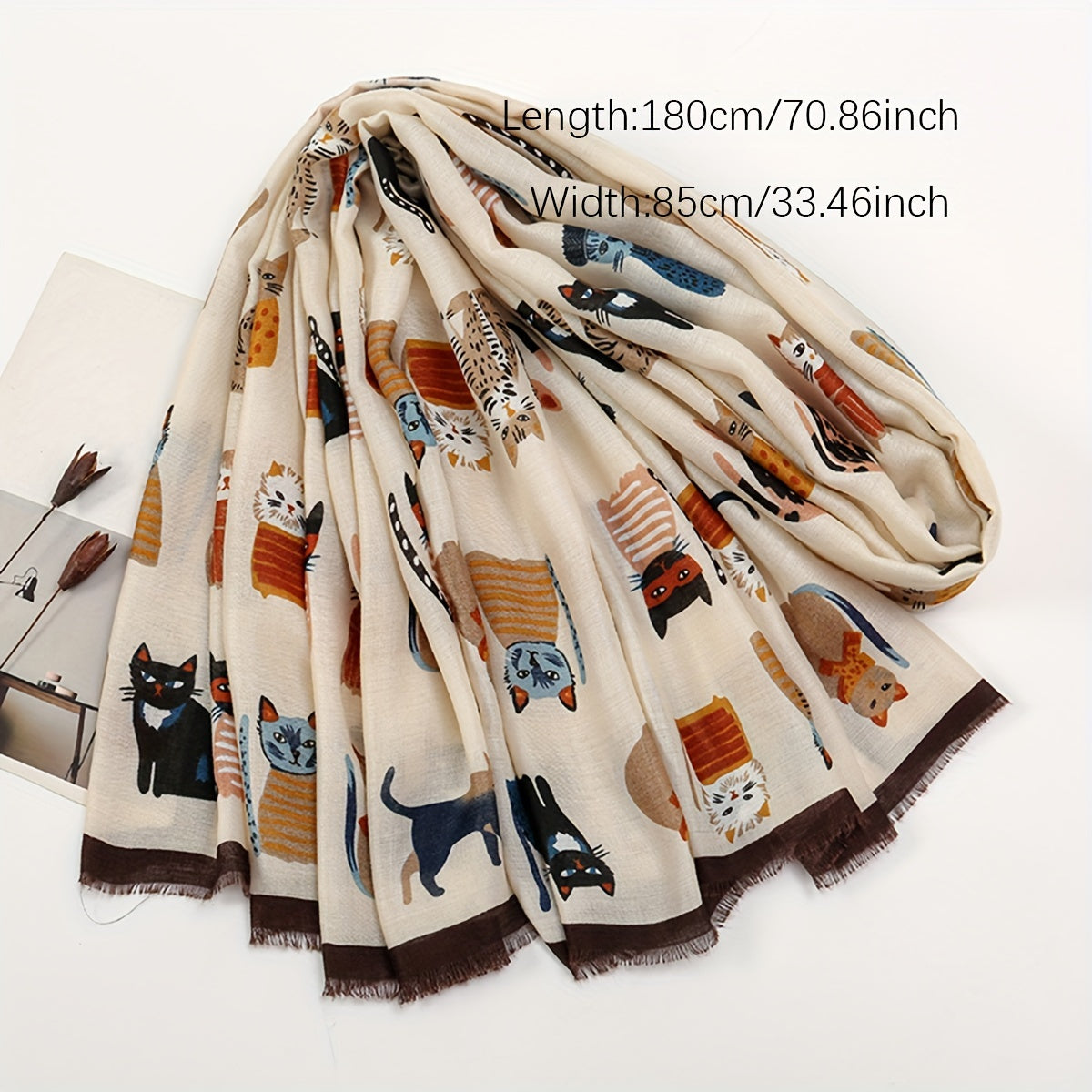 Breathable Cartoon Cat Print Scarf with Short Beard Design Elastic Sunscreen Head Wrap