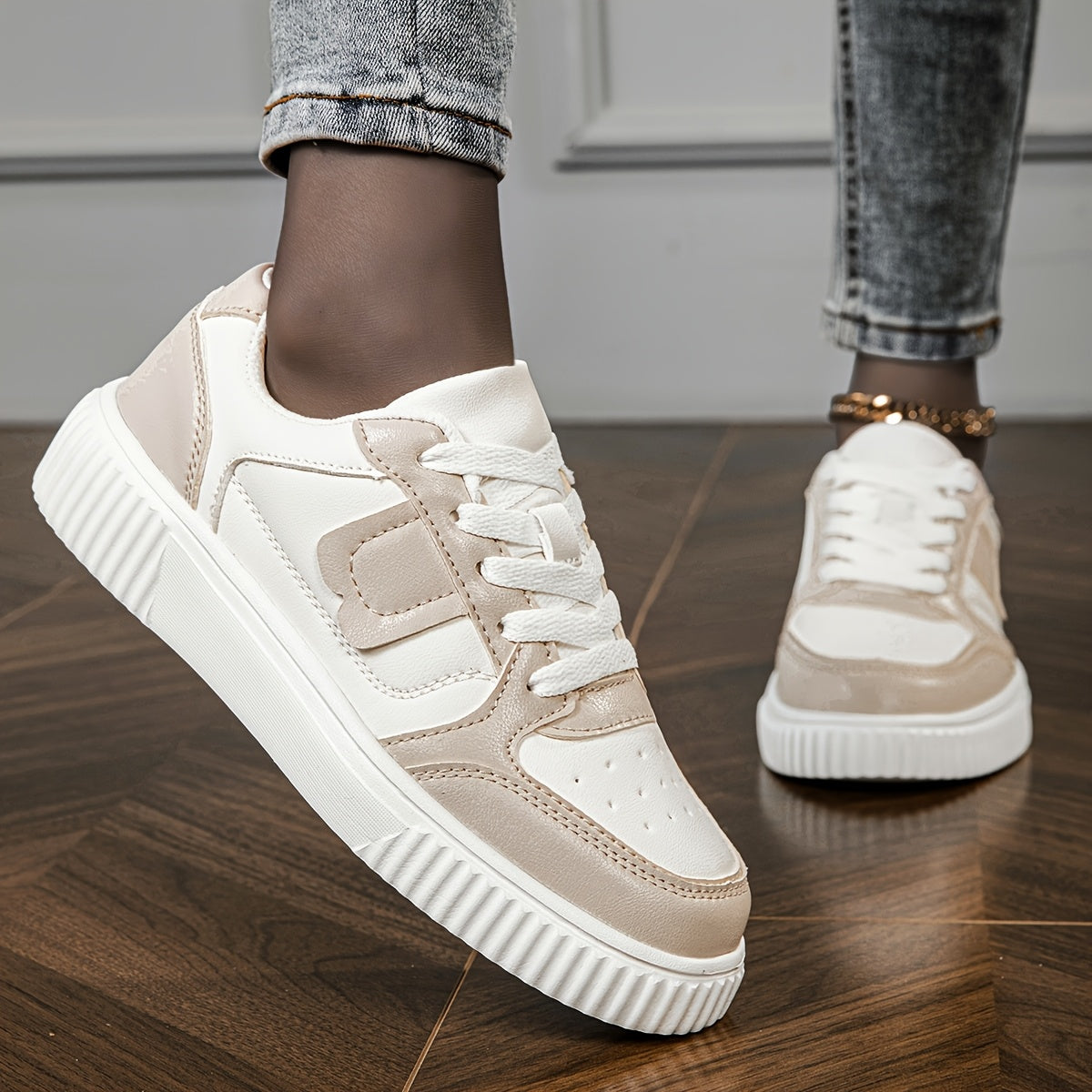 Women's Casual Sneakers White Light Pink Synthetic Low-Top Breathable Comfortable