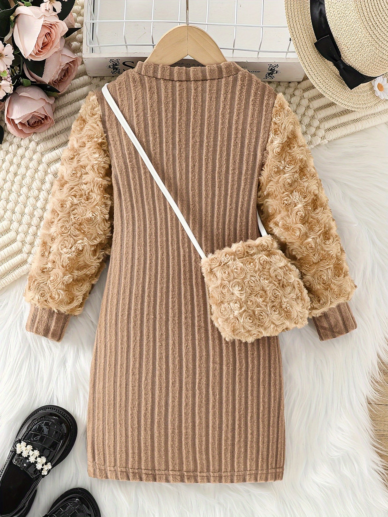 Girls Velvet Two Piece Set with Long Sleeve Top and Solid Dress