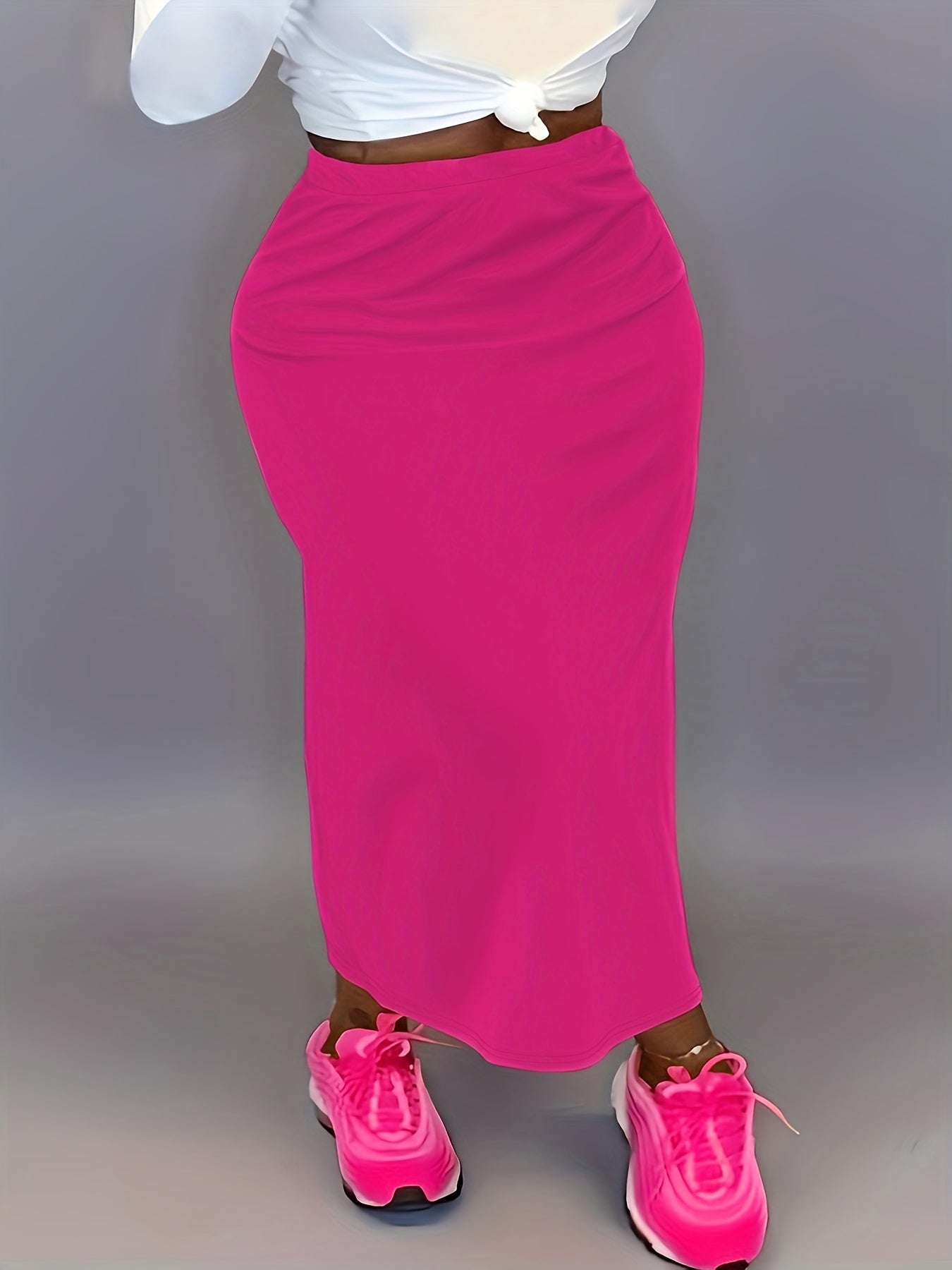 Falda de mujer de talla grande de cintura alta en línea A con abertura lateral, elástica, de color sólido y casual