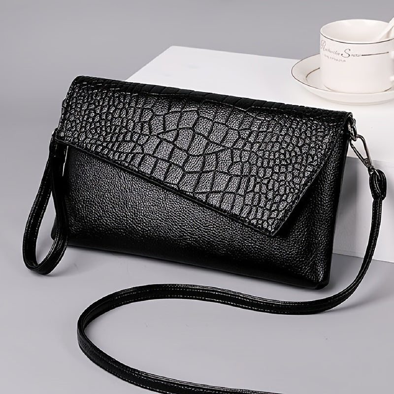 Women's Crocodile Pattern Crossbody Bag and Clutch with Phone Wallet Black PU Urban Style