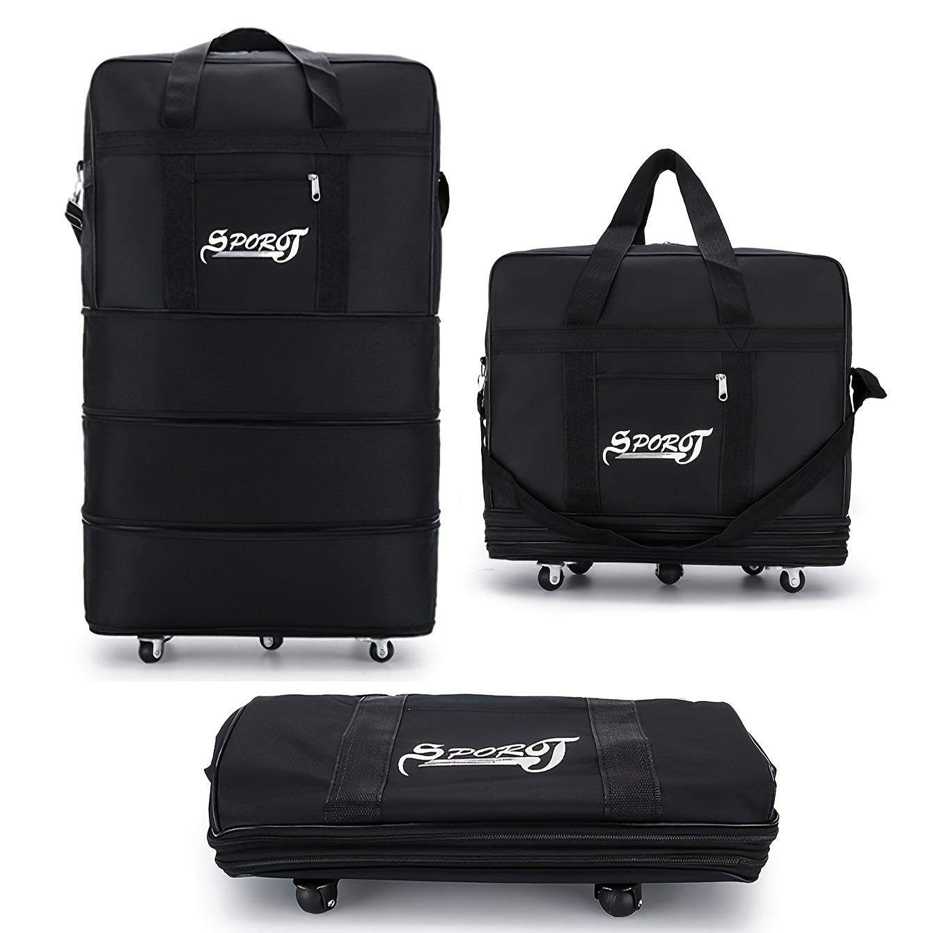 Foldable Polyester Rolling Travel Luggage Bag with Large Capacity and Multi-Tiered Storage