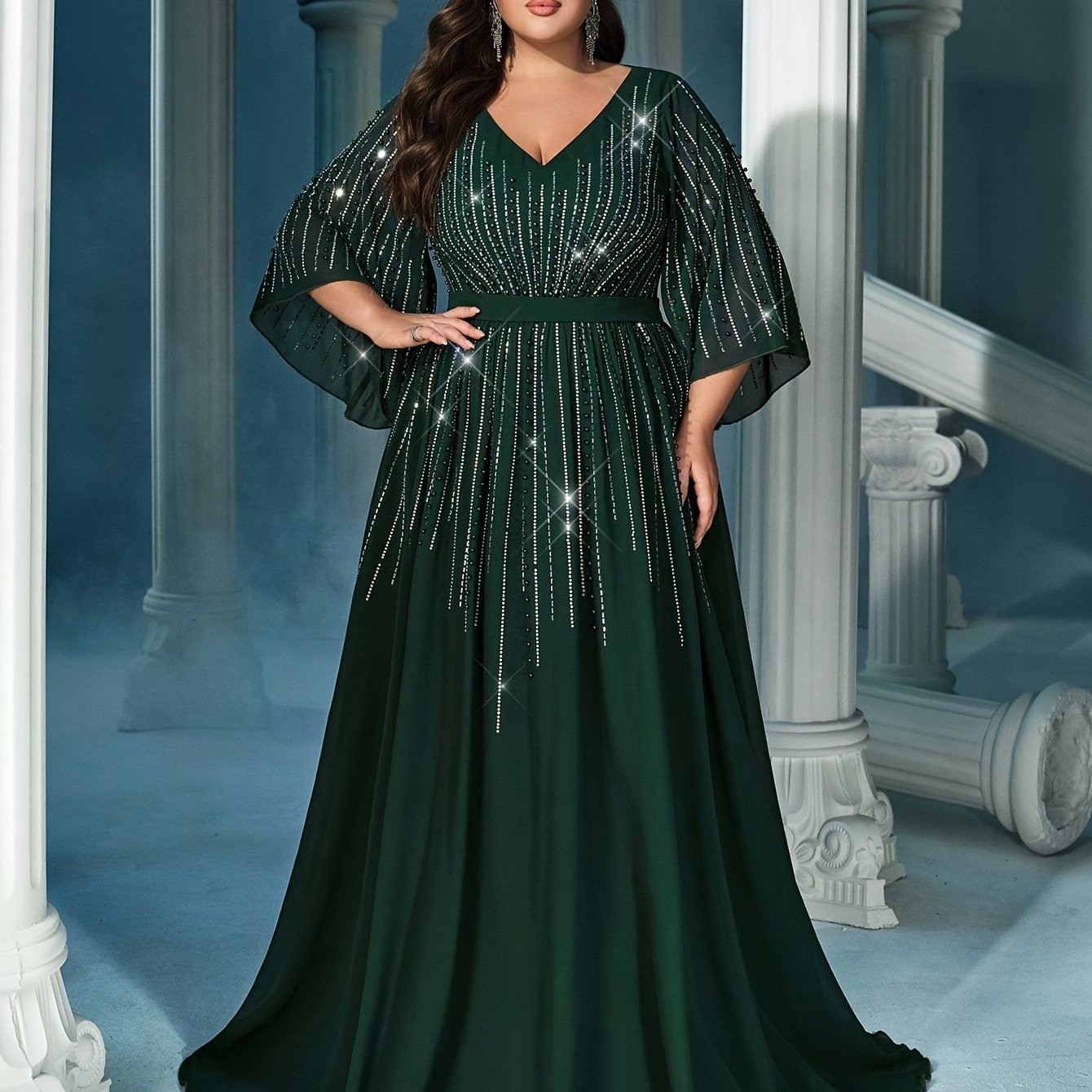 Women's Dark Green Plus Size Chiffon Formal Gown for Party Banquet