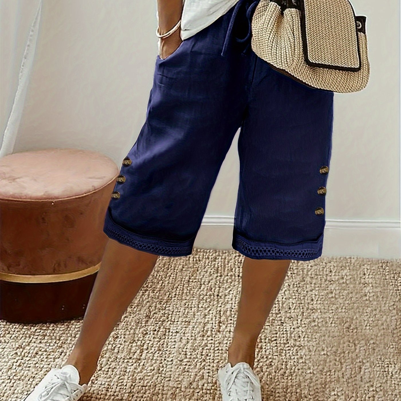 Women's Polyester Drawstring Capri Pants with Braided Hem and Faux Button Details