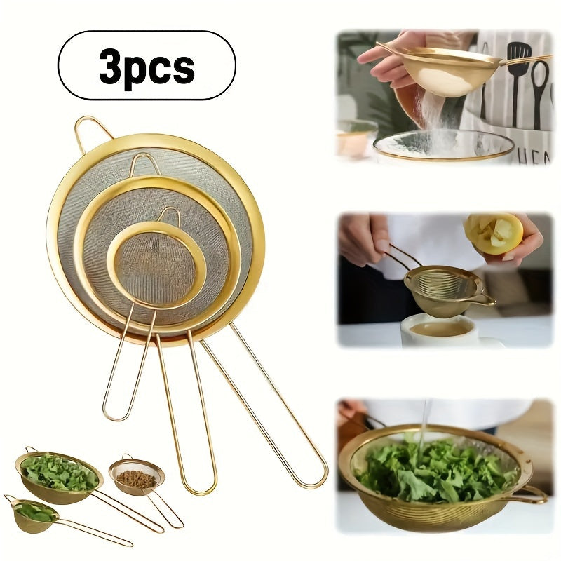 3-Piece Golden Stainless Steel Fine Mesh Kitchen Strainer Set for Baking and Cooking
