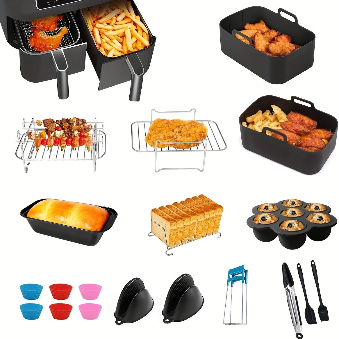 Air fryer accessories set with dual pot silicone gloves parchment liners recipe guide