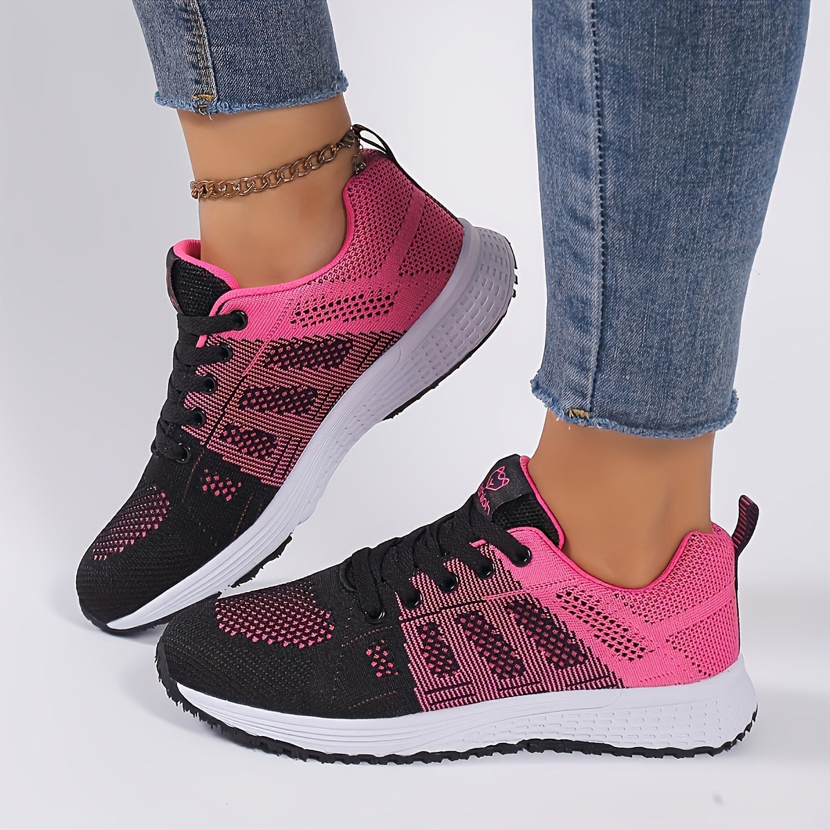 Zapatillas de plataforma transpirables para mujer, negras con rayas rosas, zapatillas ligeras para correr