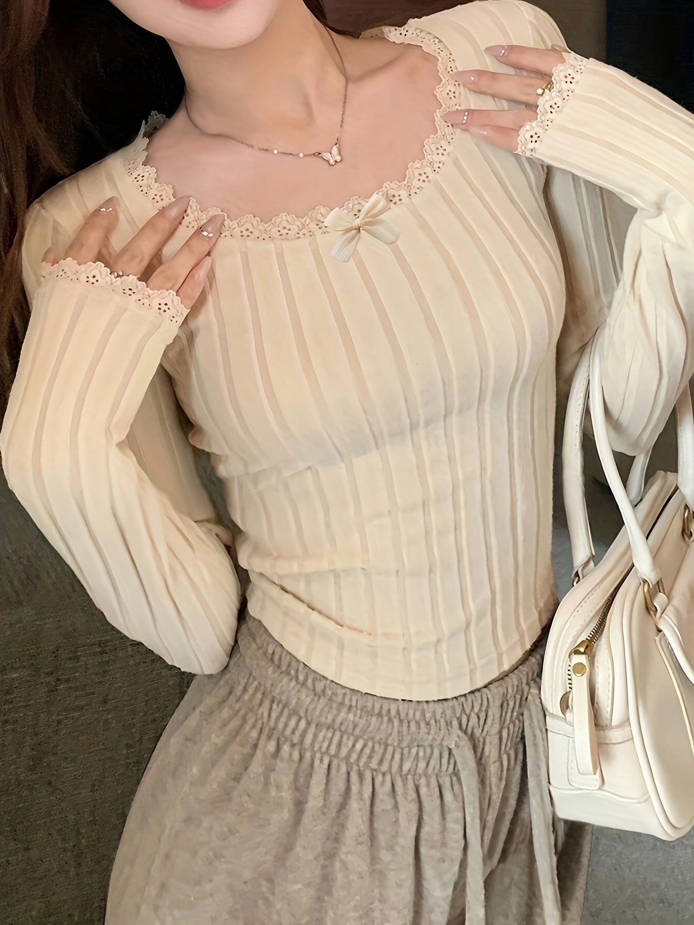 Women's Long Sleeve Ribbed Knit Top with Bow Detail Solid Color Spring Fall