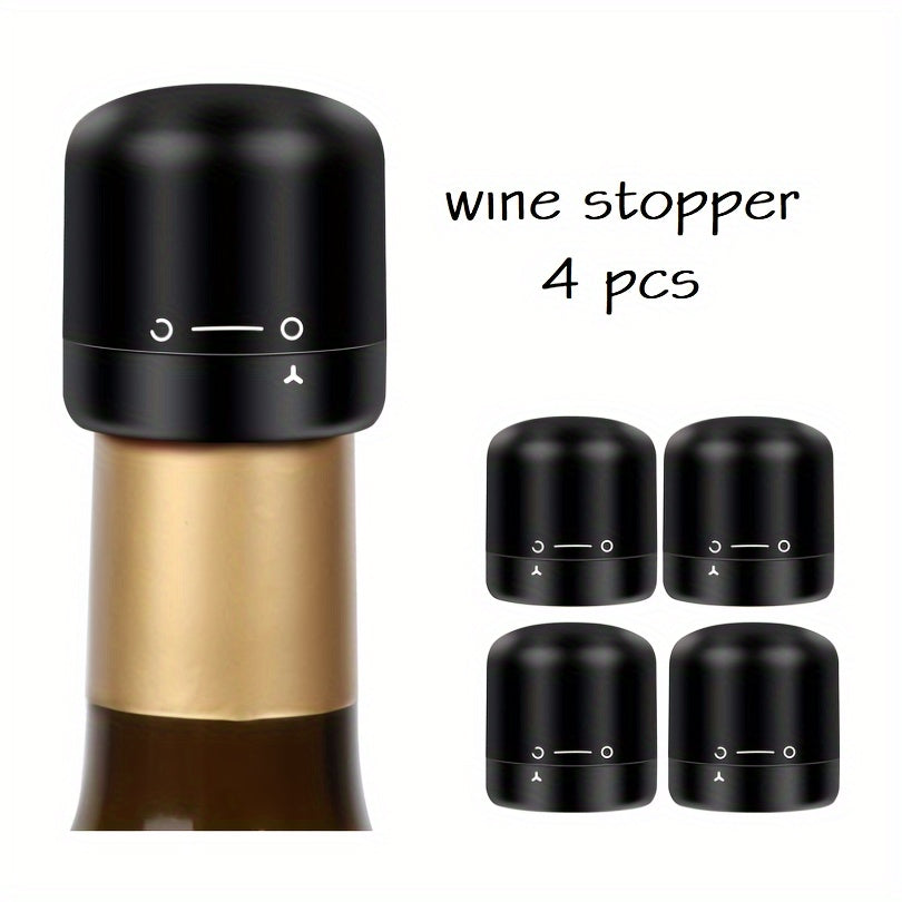 Set of 4 Black Leakproof Wine and Champagne Bottle Stoppers for Bars and Restaurants