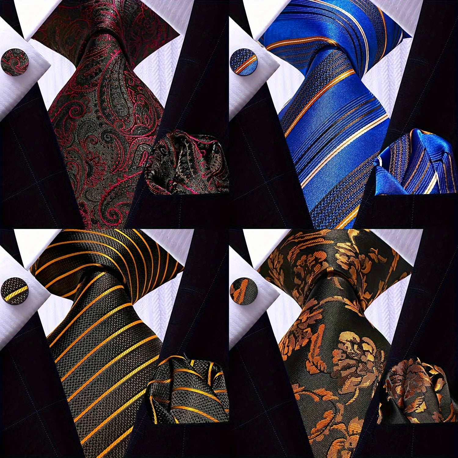 Men's Necktie Pocket Square Cufflinks Set for Wedding Business Party