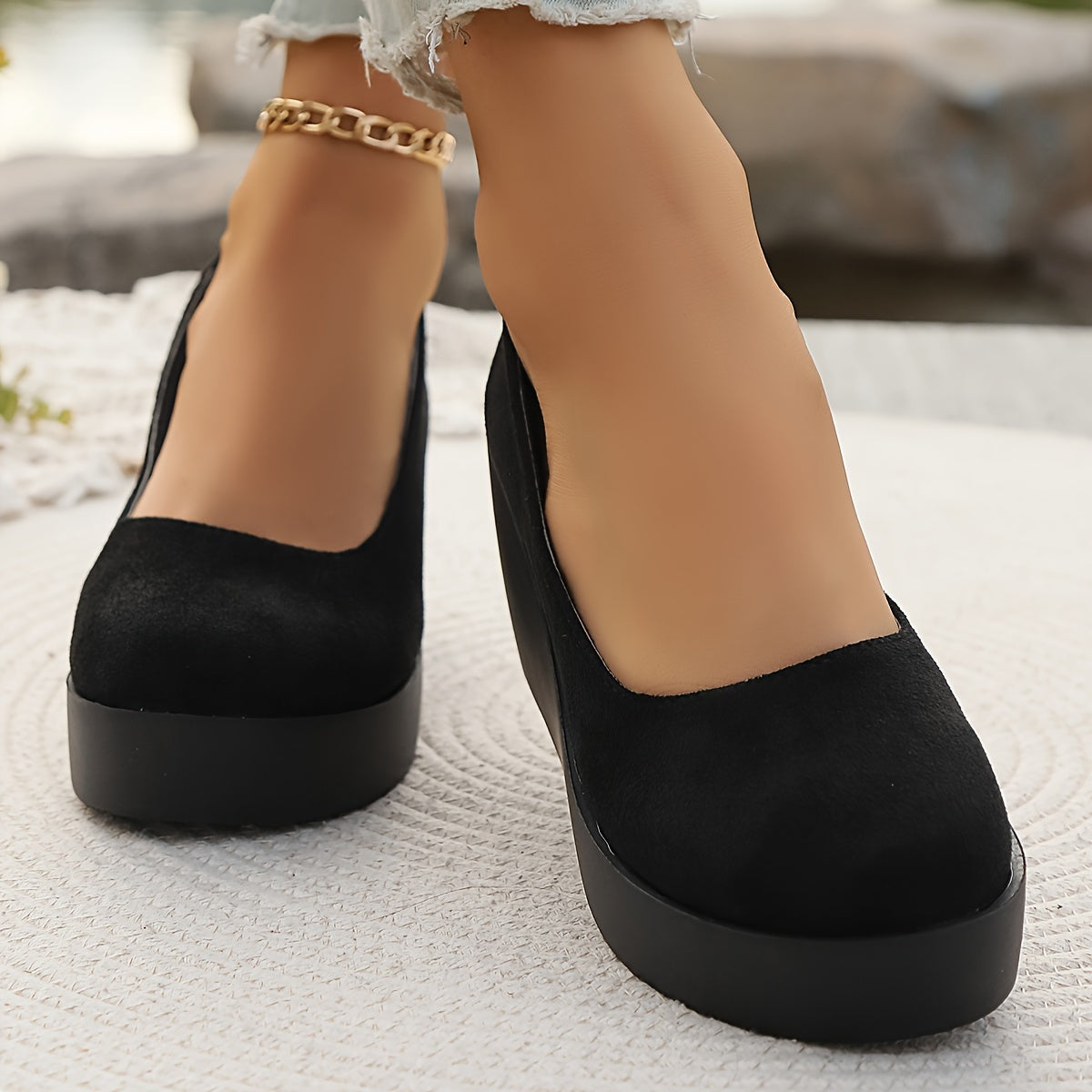 Women's Black Slip-On Platform Wedge Loafers for Casual Daily Wear